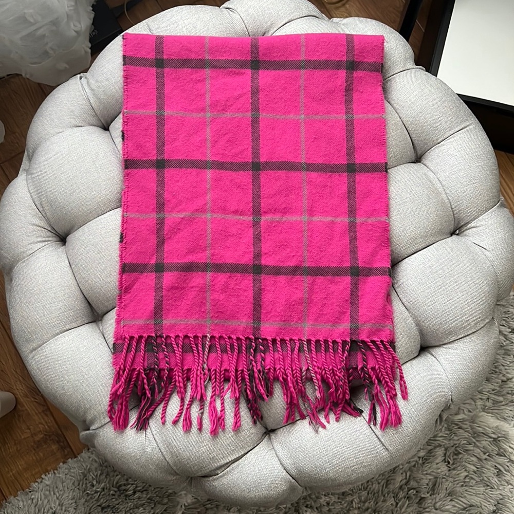 100% Cashmere Hot Pink Magenta Gray Plaid Scarf Made in England Fringe